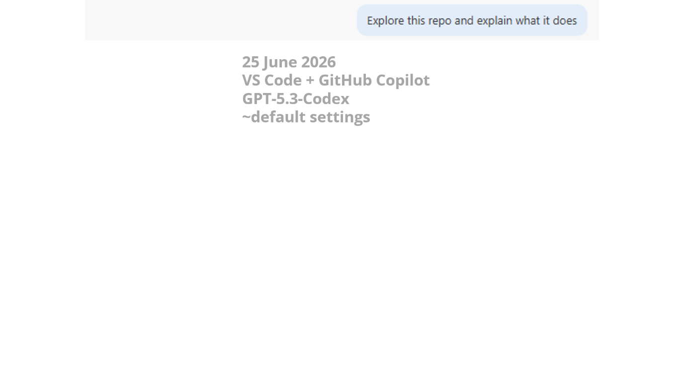 Screenshot of a chat interface with the prompt "Explore this repo and explain what it does" dated 25 June 2026, VS Code + GitHub Copilot, GPT-5.3-Codex, ~default settings.