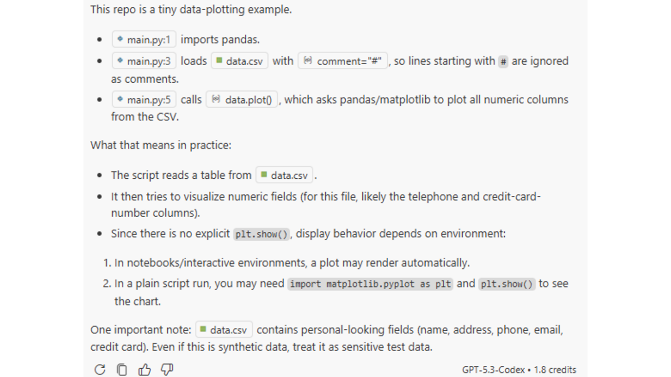 Continuation of the chat interface: main.py then plots numeric columns. Notes that the script reads the CSV, visualises numeric fields like telephone and credit card numbers, and that display depends on environment. Warns that data.csv contains personal-looking fields and should be treated as sensitive data.