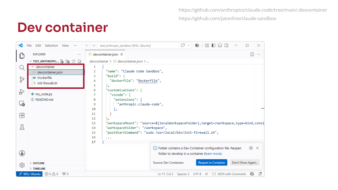 Dev container. Screenshot of a Visual Studio Code window with a .devcontainer folder containing devcontainer.json, Dockerfile, and init-firewall.sh. The devcontainer.json file defines a Claude Code Sandbox, Dockerfile build, VS Code extensions including Claude Code, workspace mount and folder, and a postStartCommand running init-firewall.sh. A VS Code prompt suggests reopening the folder in a dev container.