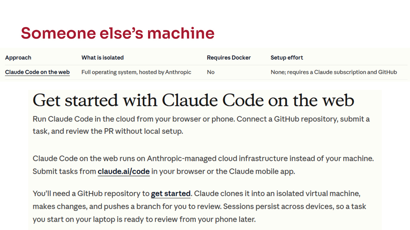 Someone else's machine. Table with "Claude Code on the web" full operating system hosted by Anthropic, no Docker, no setup beyond subscription and GitHub. Followed by a screenshot of the page "Get started with Claude Code on the web".